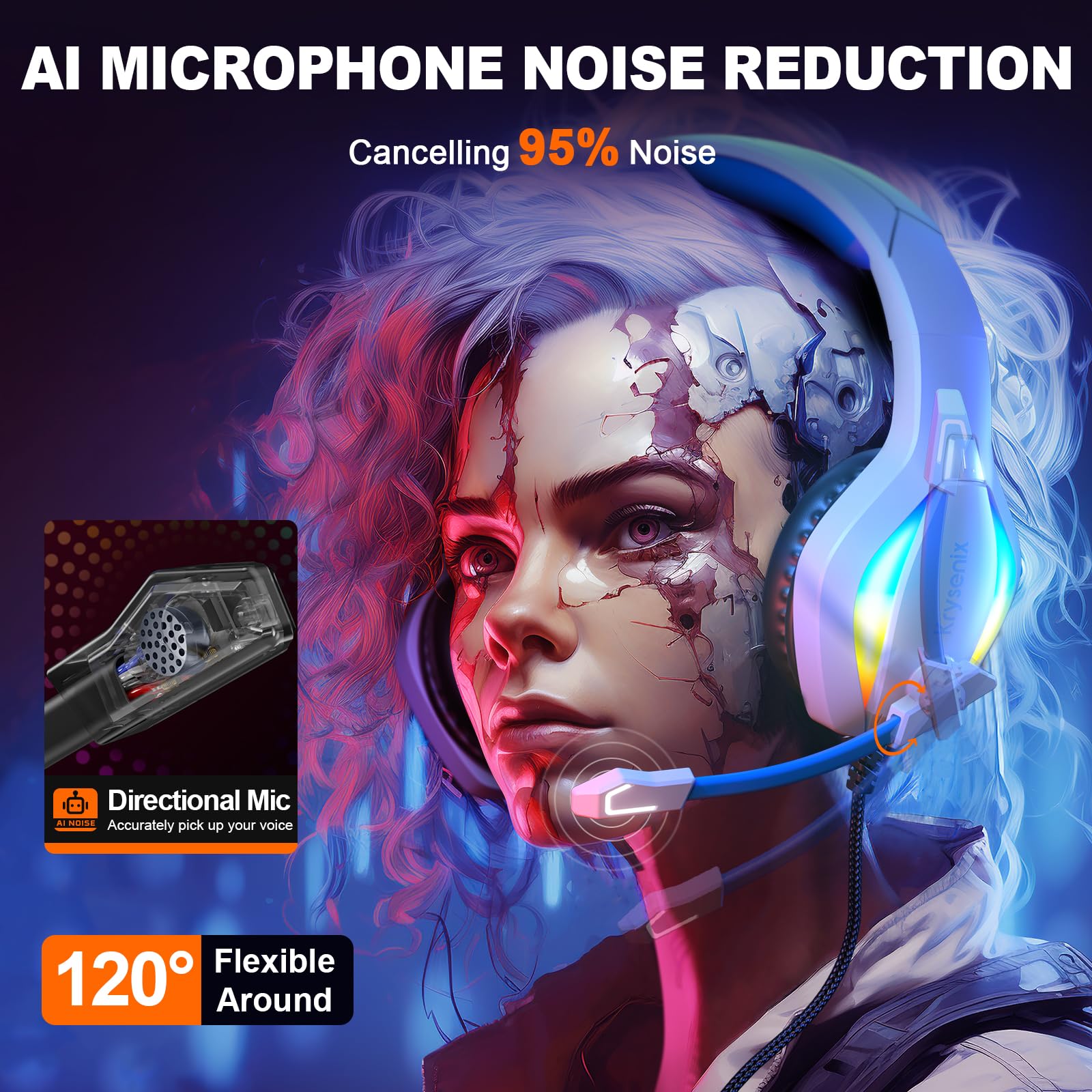 Krysenix PG1 Gaming Headset with Microphone for PS4, PS5, PC, Switch, Xbox, Gaming Headphones with RGB Light, Computer Headset with Mic & 3.5mm Jack