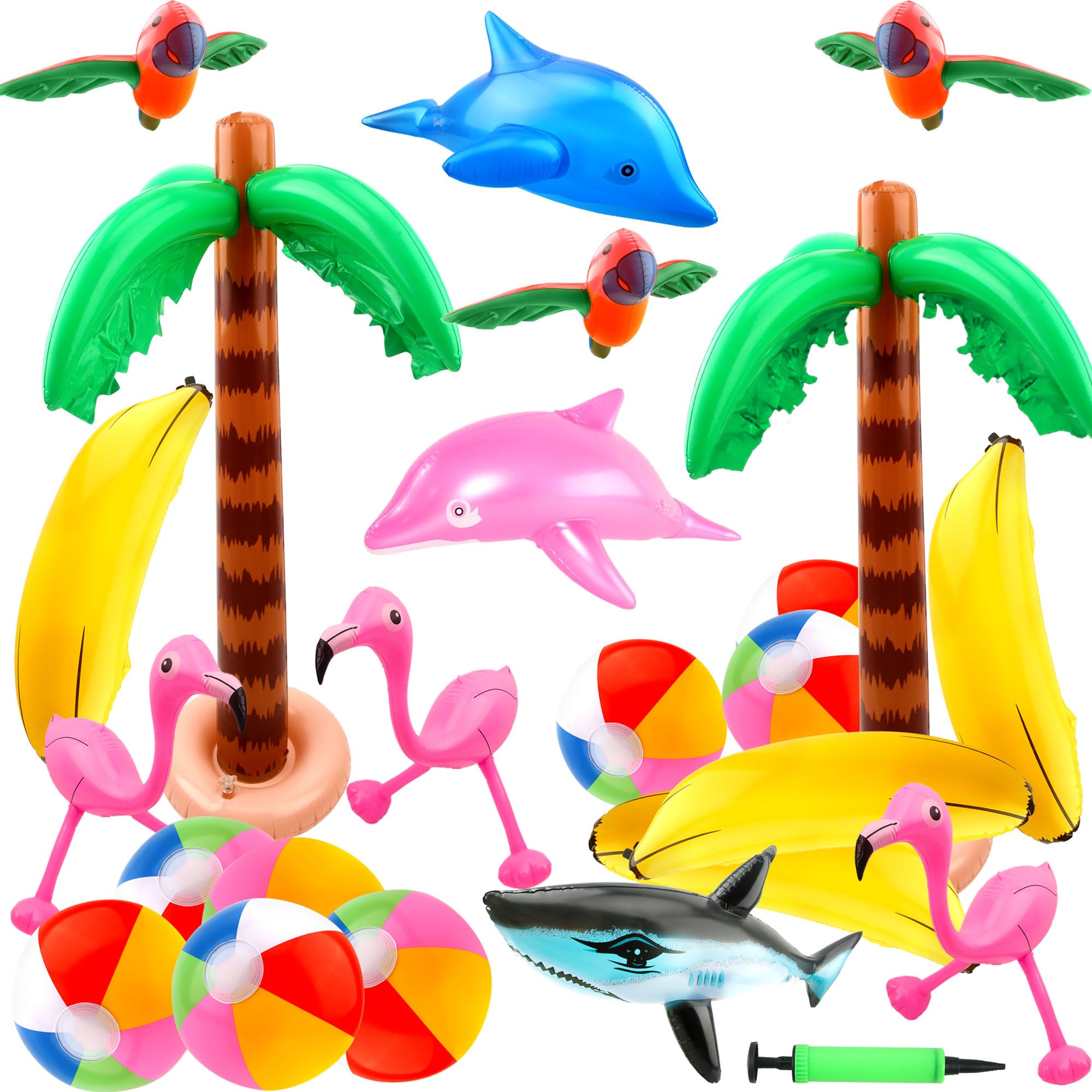 24 Pack Large Inflatable Palm Tree Blow up Beach Pool Toys Flamingo Banana Beach Ball Parrot Dolphin Shark for Tropical Hawaiian Summer Pool Swim Party Decor