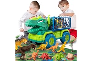 TEMI Dinosaur Truck Toys for Kids 3-5 Years, Tyrannosaurus Transport Car Carrier Truck with 8 Dino Figures, Activity Play Mat