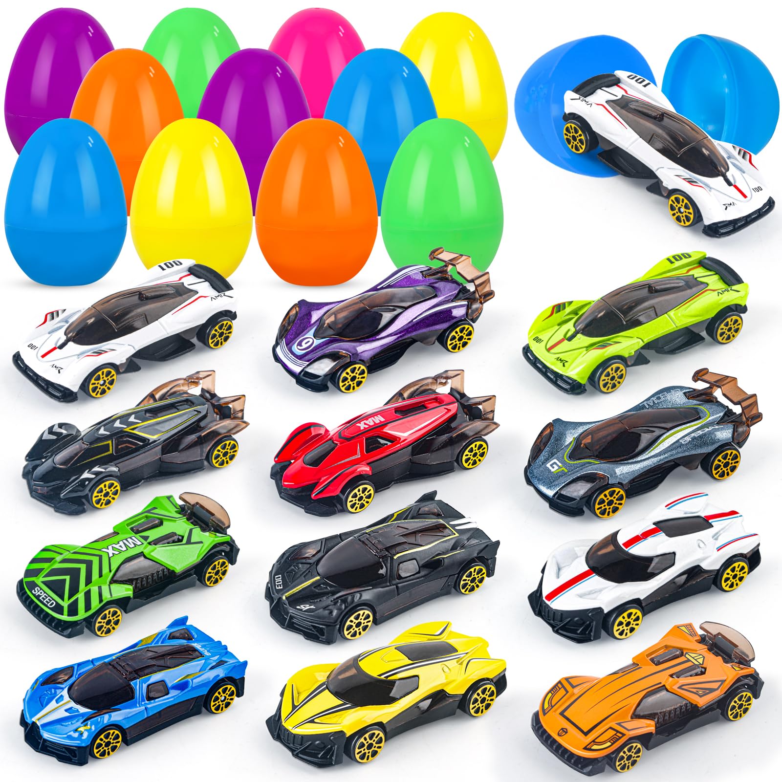 NEUBSAW 12 Packs Easter Eggs with Die-cast Cars for Boys, Prefilled Easter Eggs for Kids Toddlers Easter Basket Stuffers, Easter Party Favor Supplies for Easter Egg Hunt, Easter Toys Gifts for Boys