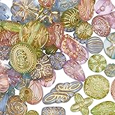 PONABEADIY 94PCS Assorted Acrylic Bohemian Beads with Holes Metal Enlaced Transparent Colorful Vintage Aesthetic Flower Round Oval Czech Bead for Jewelry Making Bracelet Necklace DIY Craft Supplies