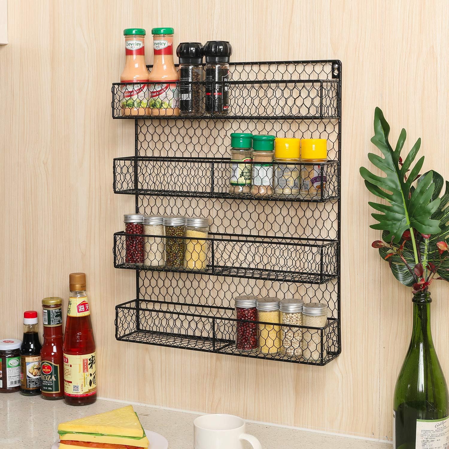 IZLIF Spice Rack Organizer 4 Tier Country Rustic Chicken Herb Holder | Wall Mounted Storage Rack for Storing Spices Household Items,Black