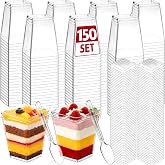 BGUP 150 Set 5 oz Plastic Dessert Cups with Lids and Spoons, Yogurt Parfait Appetizer Cup with Lids for Party, Disposable Square Mini Dessert Shooters for Pudding, Fruit and Ice Cream
