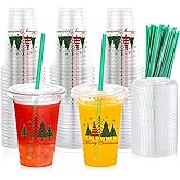 ZCCLINN Christmas Disposable Plastic Cups with Lids Straw - 50PCS 12oz Xmas Party Clear Drink To Go Coffee Cup Bulk, Merry Christmas Glasses Drinkware for Holiday Winter Hot Cold Drinking (Xmas Tree)