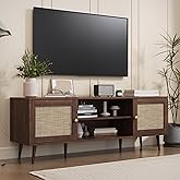 Furnify Rattan TV Stand for 55/65/70 inch TV, Boho 59" Entertainment Center with Storage, Modern Mid Century Media Console with Rattan Doors and Adjustable Shelf, Wood TV Stand for Living Room, Black
