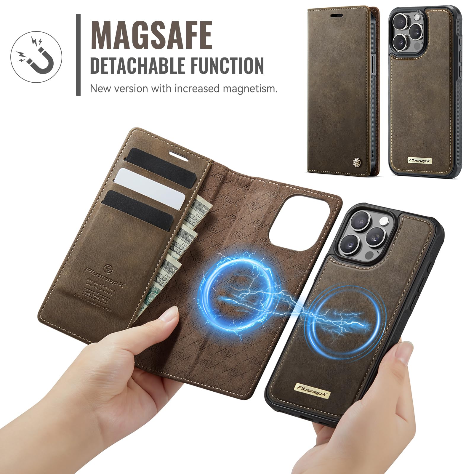 Condition photo showing New/Like New for plusnapx wallet case for iphone 13 pro max compatible with magsafe, 2-in-1 pu leather flip rfid bloc