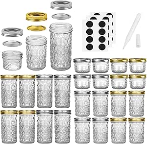 Mason Jars Canning Jars, 24 Pack Jelly Jars With Regular Lids, Ideal for Jam, Honey, Wedding Favors, Shower Favors, Baby Foods, DIY Magnetic Spice Jars - 4 OZ x 8, 8 OZ x 8, 12 OZ x 8 (4oz -8oz-12oz)