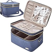NISHEL Double Layer Travel Makeup Bag with Strap, Large Cosmetic Case Organizer Fits Bottles Vertically, Top Layer for…