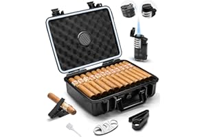 Flauno Travel Cigar Humidor - Large Portable Humidor Case with Lighter (Without Gas), Cutter, Humidifier, 2 Holders, Waterproof & Crushproof, Airtight Seal, Holds 36 Cigars