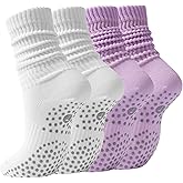 Pilates Slouch Crew Socks for Women, Grip Yoga Socks with Non Slip Grippers for Barre Ballet Dance Hospital Workout