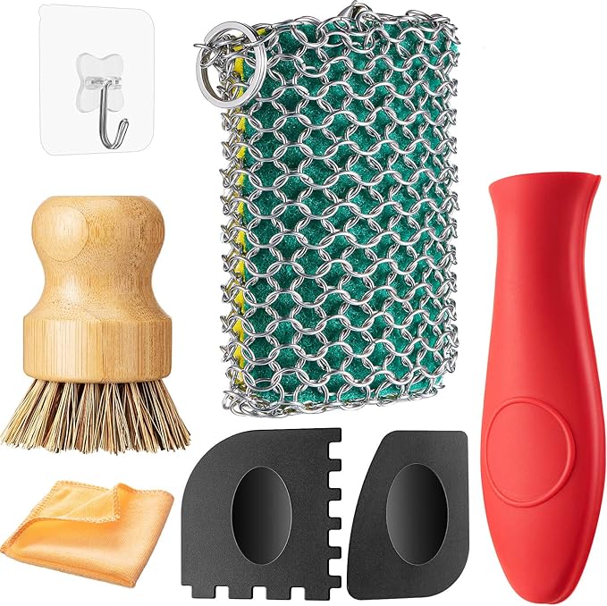 7 Pieces Cast Iron Skillet Cleaner Set Include Stainless Steel Chainmail Scrubber