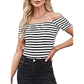 LilyCoco Off The Shoulder Tops for Women Striped Short Sleeve Sexy Going Out Top