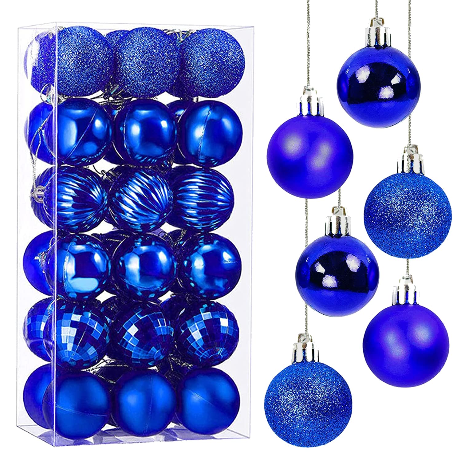 Taeku Christmas Ball Ornaments, 36Pcs 1.6" Seasonal Christmas Tree Decorations Festive Balls with Hooks for Xmas Halloween Home Decor (Blue)