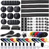 ELII 300PCS Cable Management Kit,4 Cable Sleeve 35 Cable Clips | 11Cord Holders,20 Roll Cable Organizer Straps, 200 Fastening Cable Ties,20 Cable Zip Tie Mounts for Computer TV Under Desk