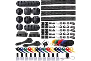 ELII 300PCS Cable Management Kit,4 Cable Sleeve 35 Cable Clips with 11Cord Holders,15+5Roll Cable Organizer Straps and 200 Fastening Cable Ties,20 Cable Zip Tie Mounts for Computer TV Under Desk