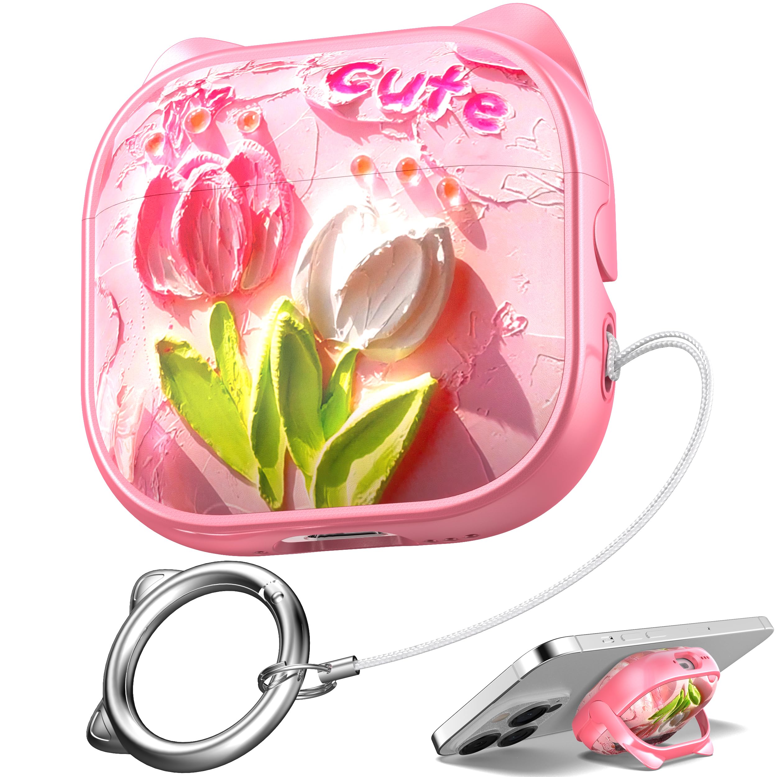 Photo 1 of MHYALUDO for AirPods 4 Case with Cleaning Kit, Cute Cat Ear Print Design & Cute Buckle, Inverted Phone Holder Design, Top Safe Lock Buckle Design, for Girls AirPods 4 case 2024, Tulip
