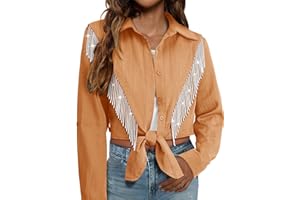 MYMORE Womens Rhinestone Fringe Cropped Button Down Shirt Rolled 3/4 Sleeve Tie Front Top Western Cowgirl Rodeo Outfit
