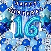 16th Birthday Decorations for Boys Blue 16th Sixteen Happy Birthday Banner Supplies Number 16 Balloons Fringe Curtain 16 Years Old Bday Party Supplies Kit for Him Her Girls (Blue)