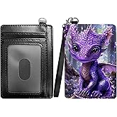 RWUTYTIUL Purple Dragon Slim Minimalist Wallet with Lanyard Strap, PU Leather Front Pocket Wallet RFID Blocking Credit Card Holder Card Cases with ID Window for Man Woman Boy Girl