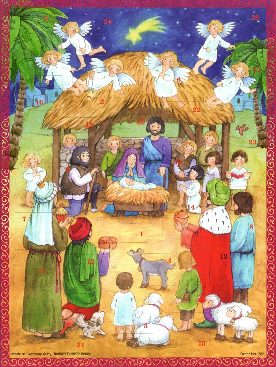 Large Advent Calendar 24 Doors 355 x 260 mm - Angels Nativity - with Glitter and Translucent Windows - RS783 - Traditional Antique German Design