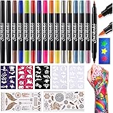 Temporary Tattoo Markers for Skin,15PCS Dual-Ended Tattoo Pen + 50 Paint Stencils + 43 Tattoos Stickers,Glitter & Matte & Neo