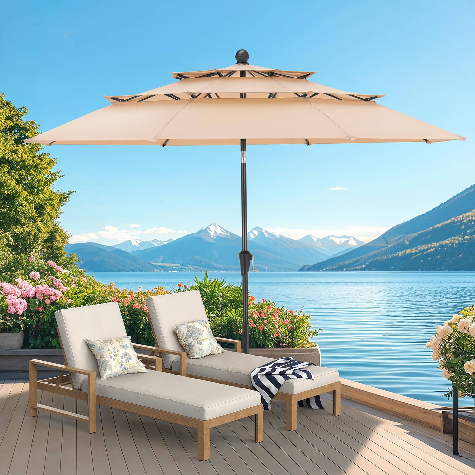 Photo 1 of 10 FT Patio Umbrella, 3 Tier Outdoor Table Umbrella with 8 Sturdy Glass Fiber Ribs and Push Button Tilt, Outdoor Patio Umbrellas for Market Pool Garden Backyard, 1.5" Pole, Champagne (No Base)