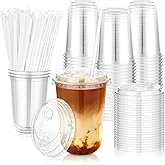 KesaPlan 50 Pack 16oz Clear Plastic Cups with Sip Lids & Straws,Disposable Elevated Dual-hole Lid Round Bottom To Go Cup for Iced Coffee Cold Beverage Juice Smoothie Lemonade Party Catering Supplies