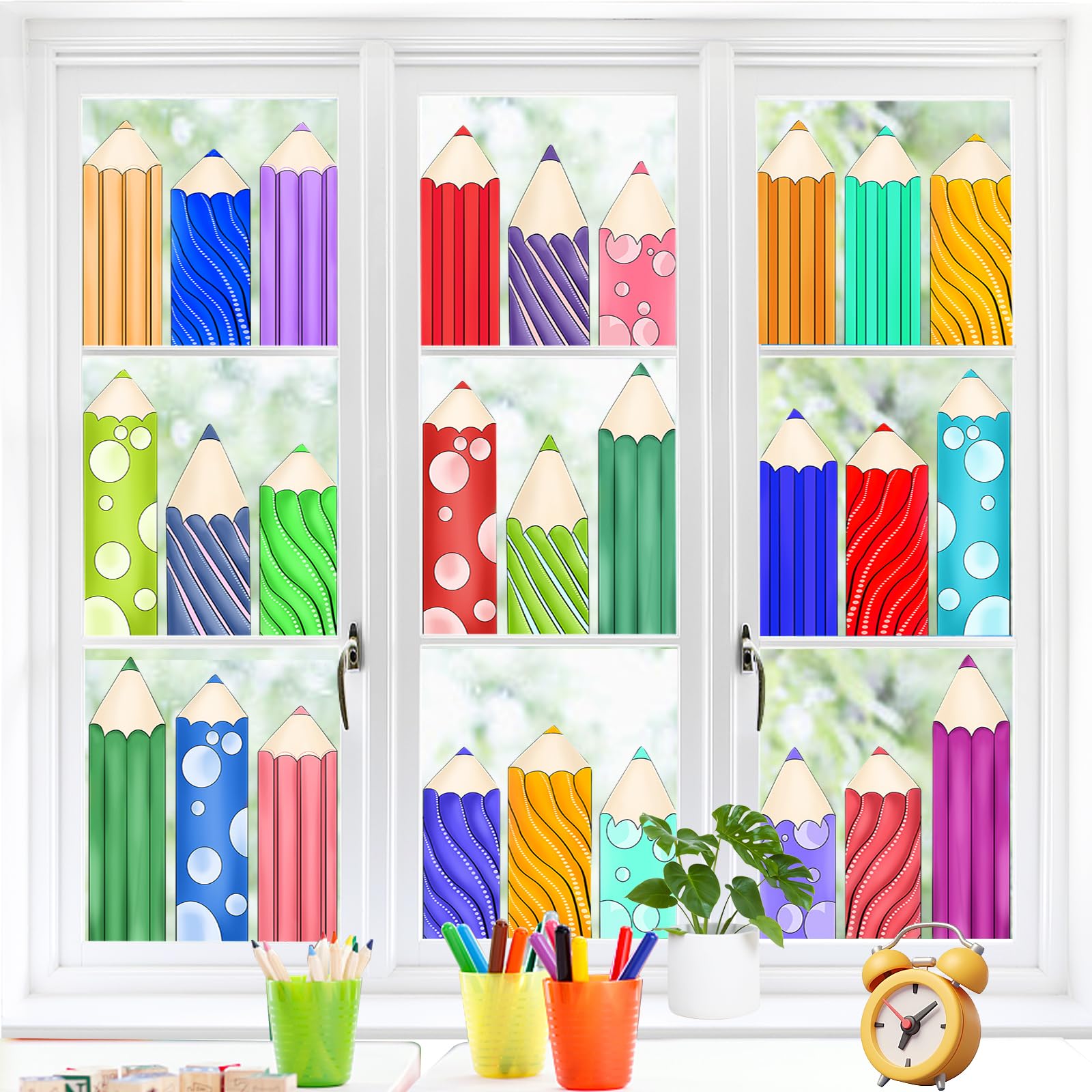 9 Sheets Back to School Window Clings Pencil Double-Sided Stickers Colorful Pencils Window Decals for First Day of School Classroom Wall Glass Blackboard Decorations