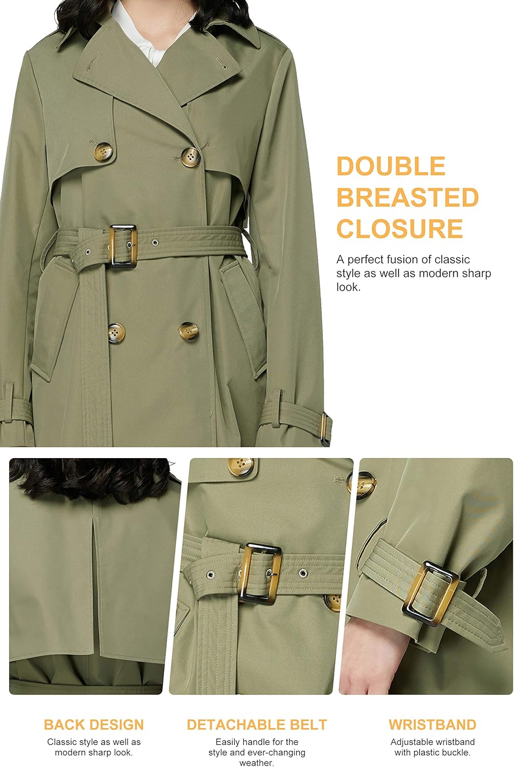 Orolay Women's Long Double Breasted Trench Coat with Belt Light Lape Overcoat: Clothing