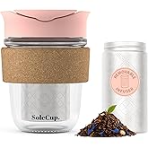SoleCup. Travel Mug Loose Tea Infuser - Detachable Tea Strainer with Spillproof Lid - BPA-Free Reusable Glass Travel Coffee Cup with Cork Band (Pink, 12oz)