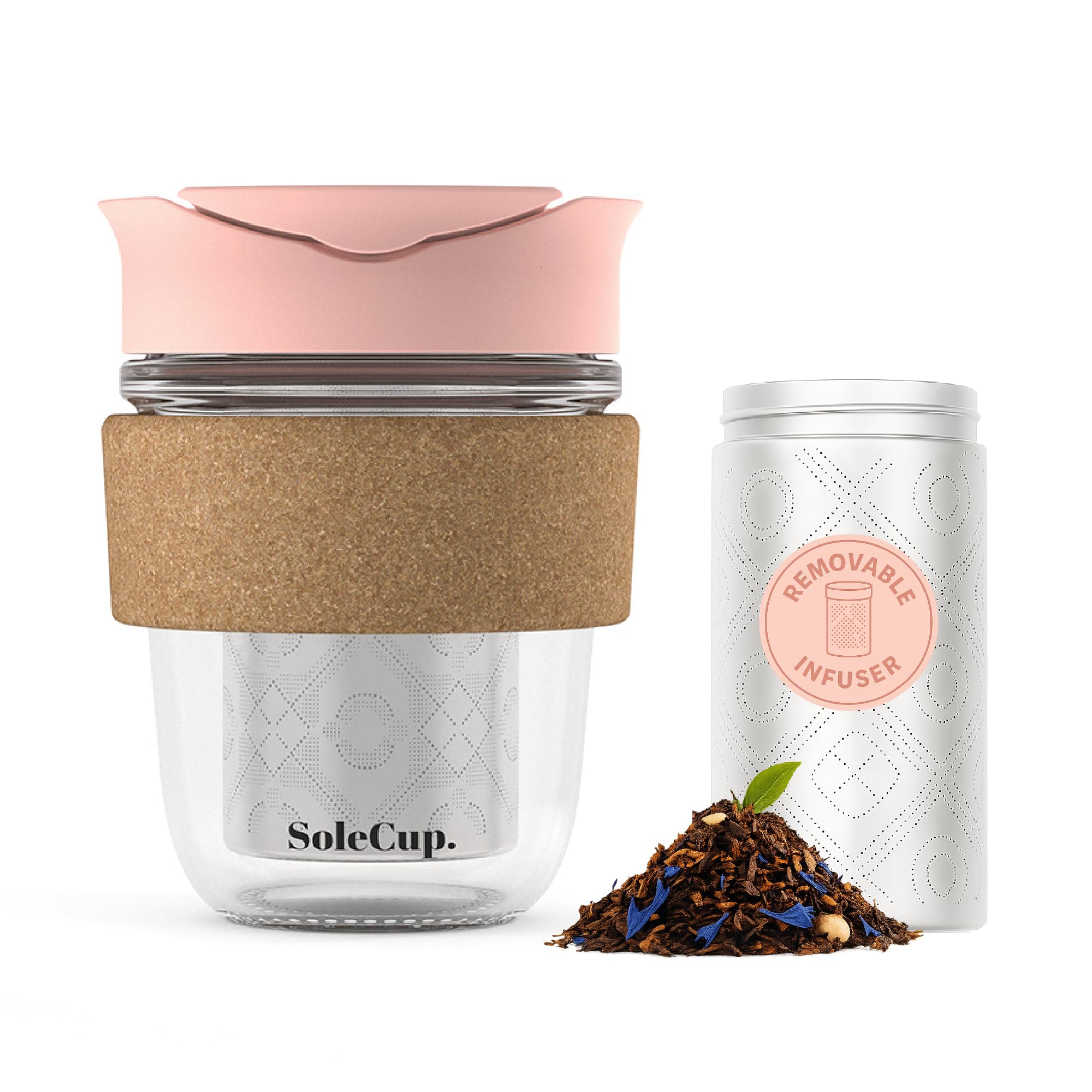 SoleCup. Travel Mug Loose Tea Infuser - Detachable Tea Strainer with Spillproof Lid - BPA-Free Reusable Glass Travel Coffee Cup with Cork Band (Pink, 340ml / 12oz)