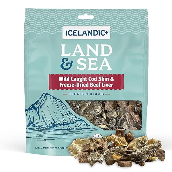 ICELANDIC+ LAND & SEA WILD CAUGHT COD SKIN & FREEZE-DRIED BEEF LIVER – 6.75OZ BAG, DOG TREAT & FOOD TOPPER, 2 INGREDIENTS, NO PRESERVATIVES, NATURAL