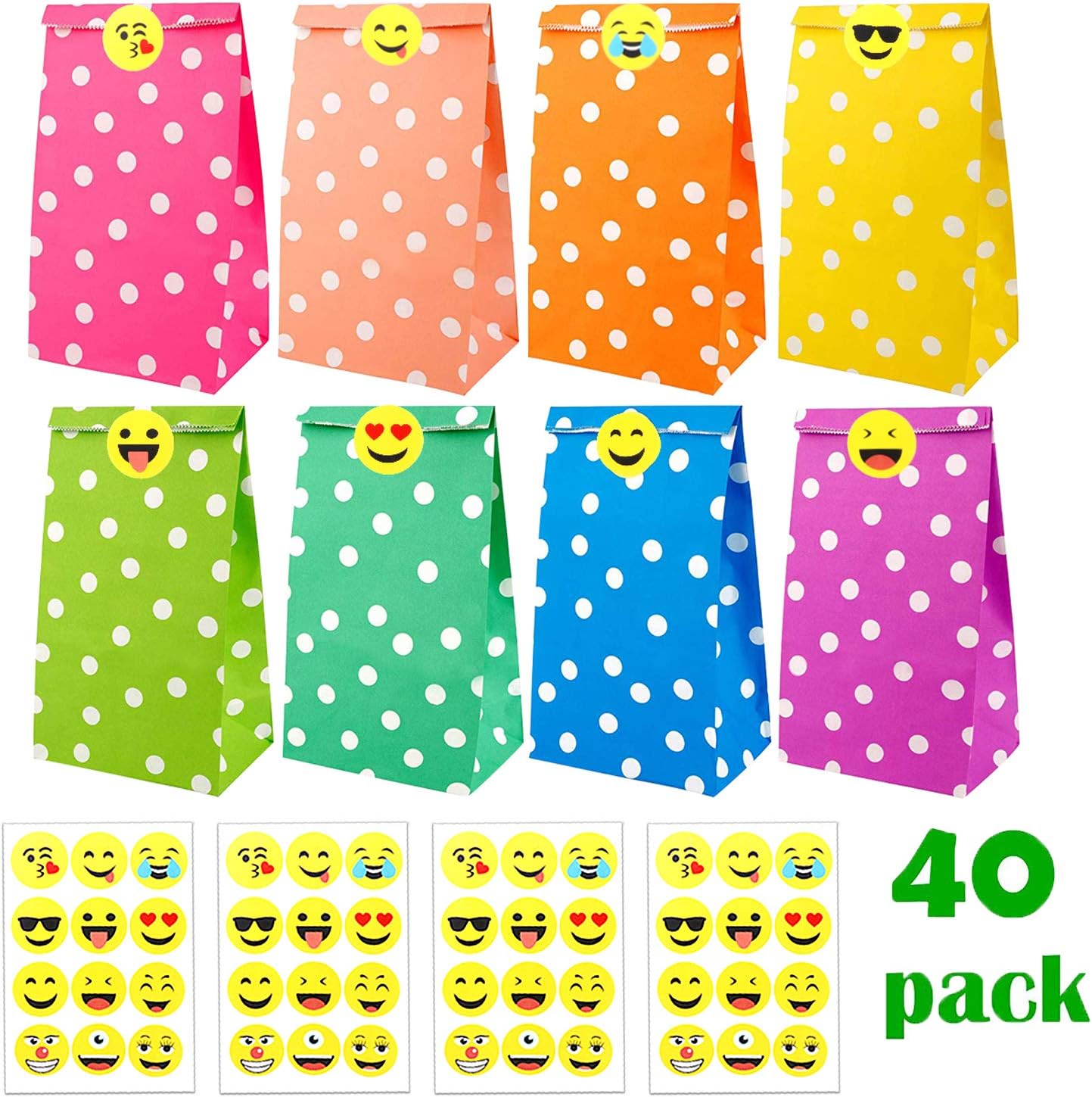 40 Pcs Favor Paper Bags Dot Pattern with 48 Funny Stickers for Kids Chirstmas Birthday Party Supplies