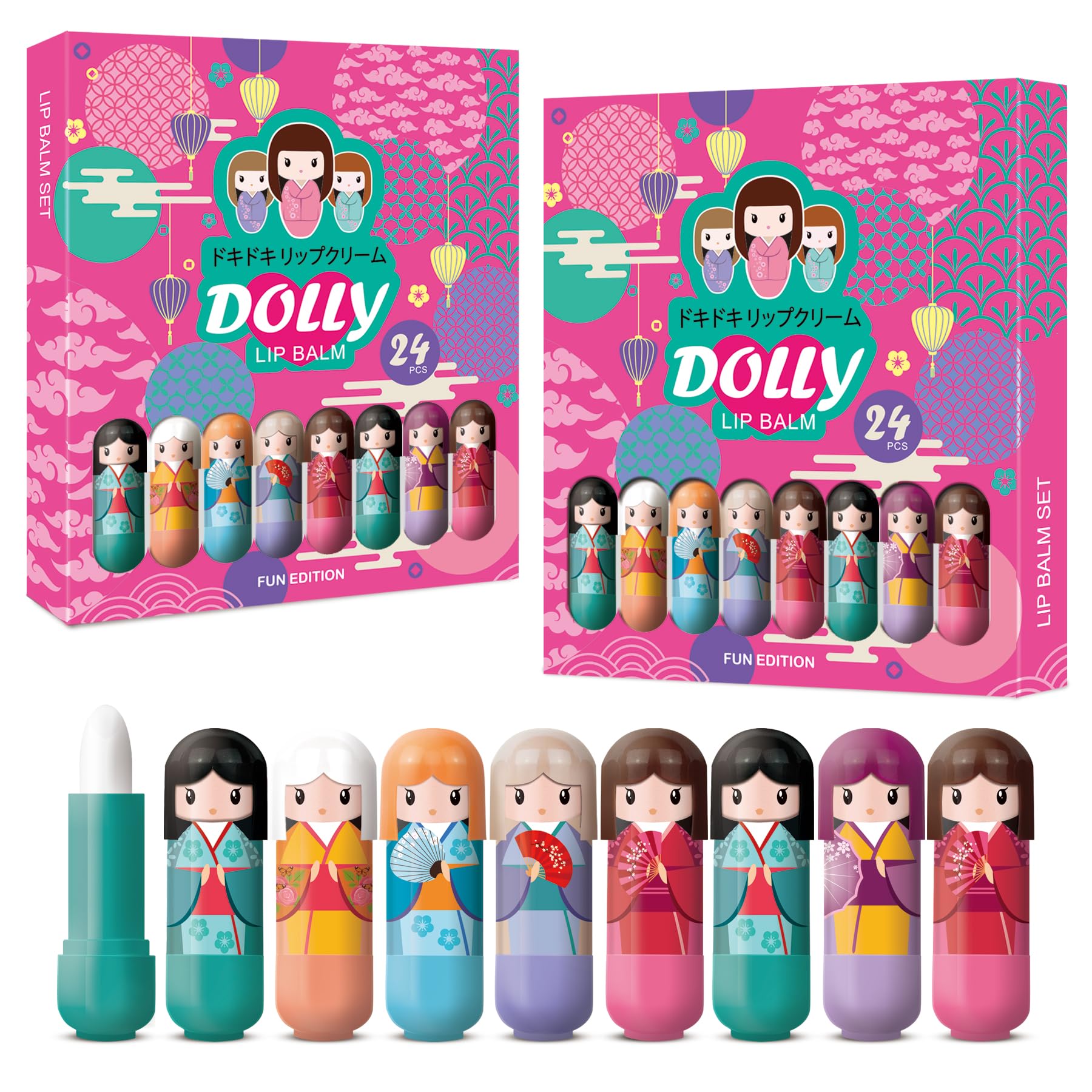Kids Lip Balm Set – 48 Lip Balms in Adorable Kimono Doll-Inspired Cases, 6 Scents (Apple, Banana, Bubble Gum, Orange, Strawberry, Vanilla) x 3.5 gr in a Beautifully Designed Box