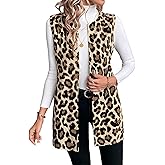 SHENHE Women's Leopard Print Long Vest Open Front Animal Print Sleeveless Long Jacket Outerwear