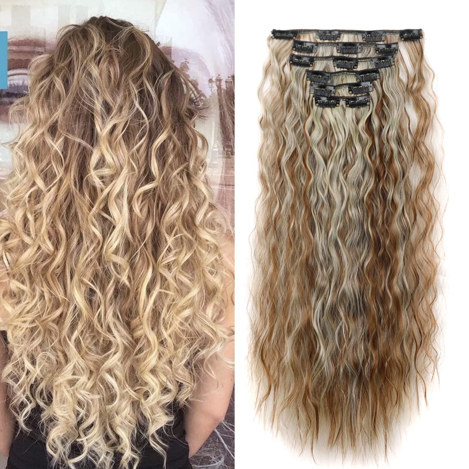Gairyan Clip in Hair Extensions Curly Wavy Long Hair Pieces 6PCS Full Head Synthetic Hair Extension Thick Natural Look for Women, 20 Inches 140g, Light Brown & Blonde
