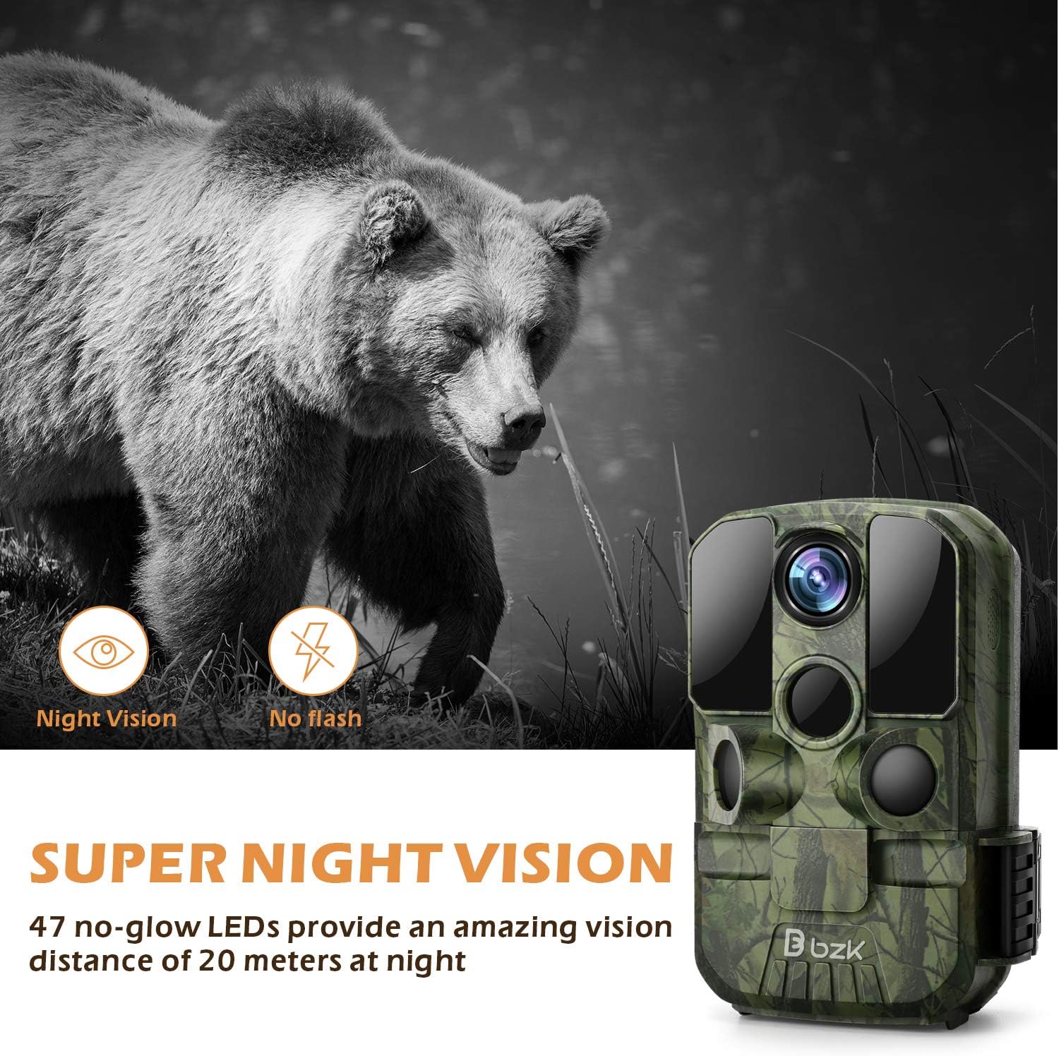 BZK Trail Game Camera - 20MP 1080P HD Waterproof Hunting Cam with Motion Activated Night Vision and 120° Wide Angle Lens for Outdoor Scouting, Wildlife Watching, Farm Monitoring: Electronics