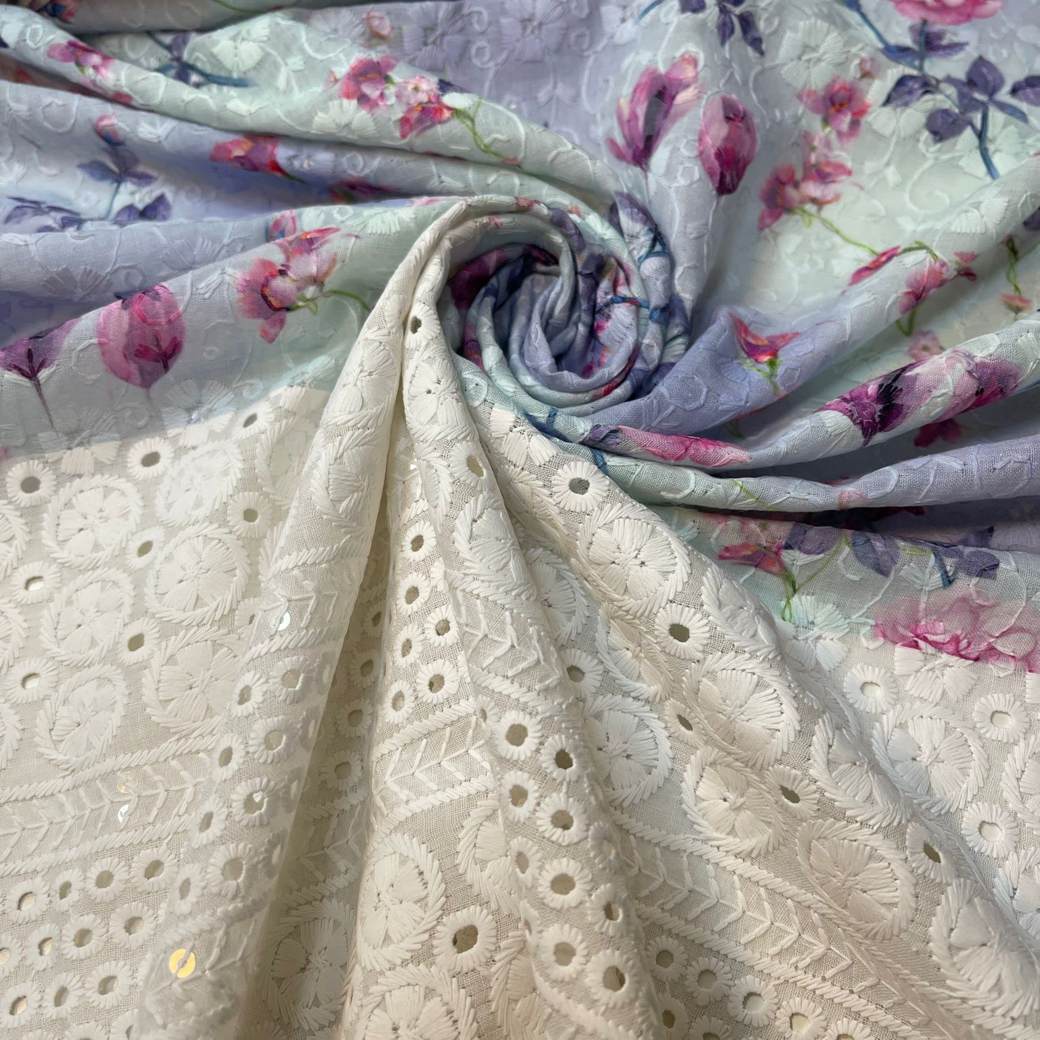 100% Cotton Broderie Anglaise Floral Embroidery Border with Design Dress Fabric 44" - 112 cm Wide Sold As Pre - Cut Lengths (1 Meter, Design 2)