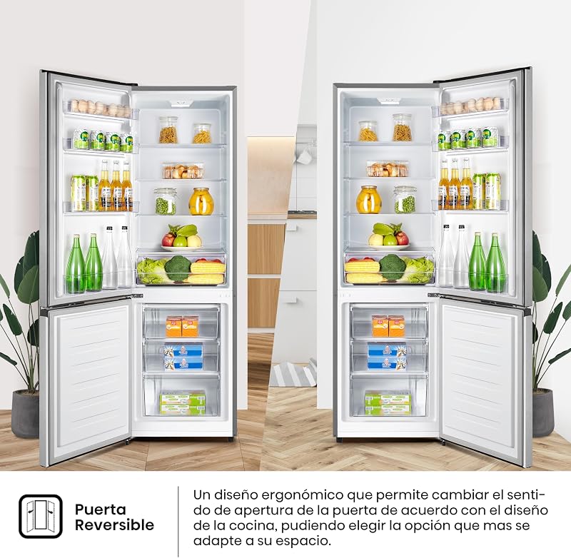 Hisense rb343d4cde - geladeira cíclica combi, 269l, classe e, largura 55cm x altura 180cm, porta reversível, abertura de porta 90º, iluminação led, gaveta para frutas e legumes, grande capacidade, aço inox