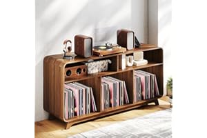 Boweniog Record Player Stand with Vinyl Storage Cabinet with Charging Station & USB Ports, Turntable Stand, Curved Vinyl Record Cabinet with Wood Legs for Living Room (walnut, 55inch)