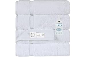 SALBAKOS 100% Turkish Cotton Bath Towel Set of 4 27x54 inch | Heirloom Quality | Hotel & Spa Collection | Ultra Soft, Super Absorbent, Long Lasting Bath Towels | Made in Turkey (White, 4 Bath Towels)