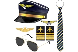 Horolam Pilot Captain Costume Accessories, Pilot Aviator Costume with Captain Hat Pin Tie Badge Shoulder Straps Sunglasses