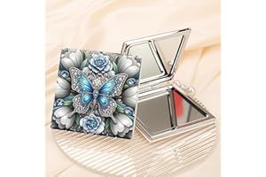 Mini Folding Makeup Mirror - Double-Sided Glass, Metal Frame, Silver-Blue Butterfly, No Batteries, for Women, Holidays & Birt