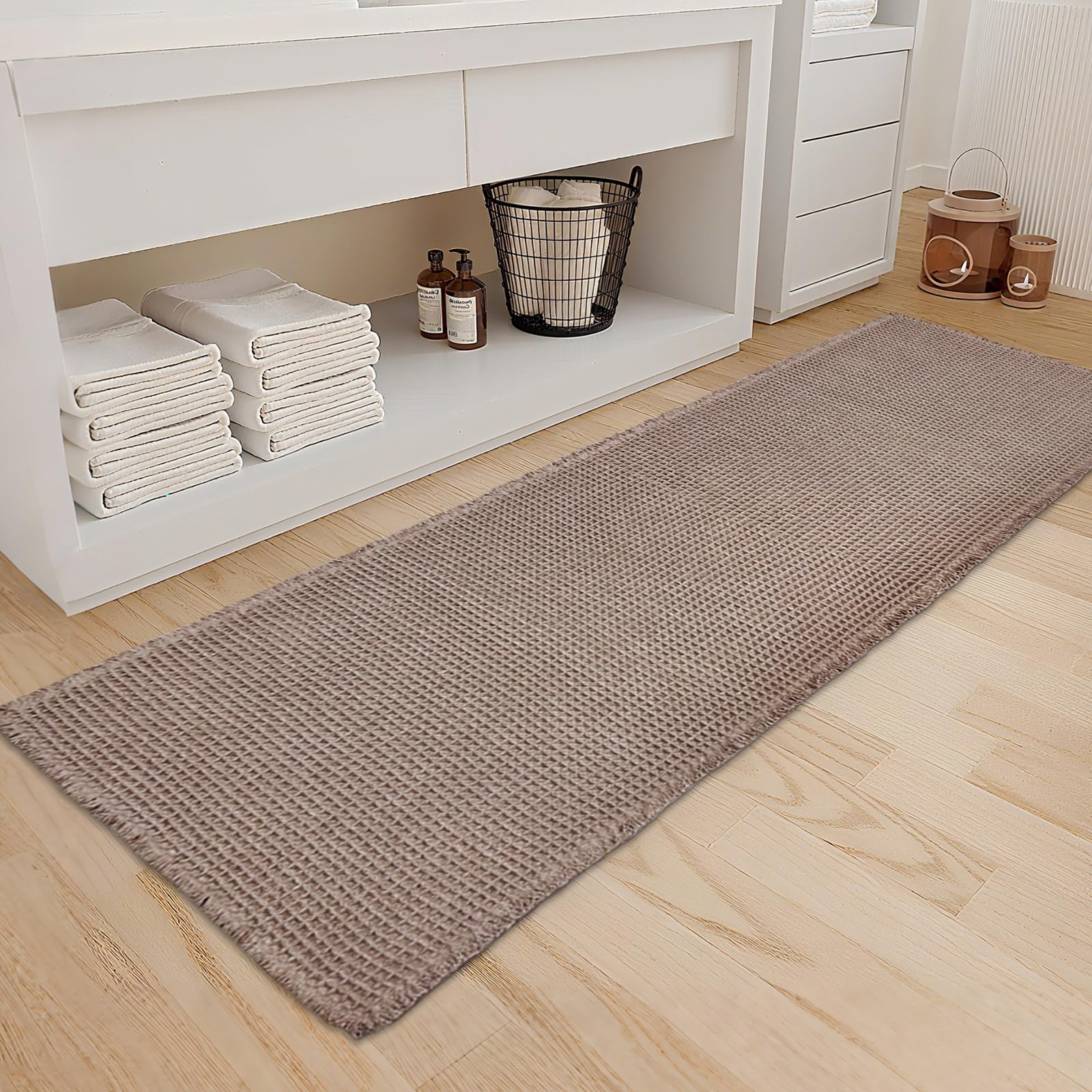 Photo 1 of ZALL Tan Waffle Bath Mat,Super Absorbent Non Slip Long Bathroom Runner Rug,Brown 24X72inch,Machine Washable Ultra Soft Floor Mats