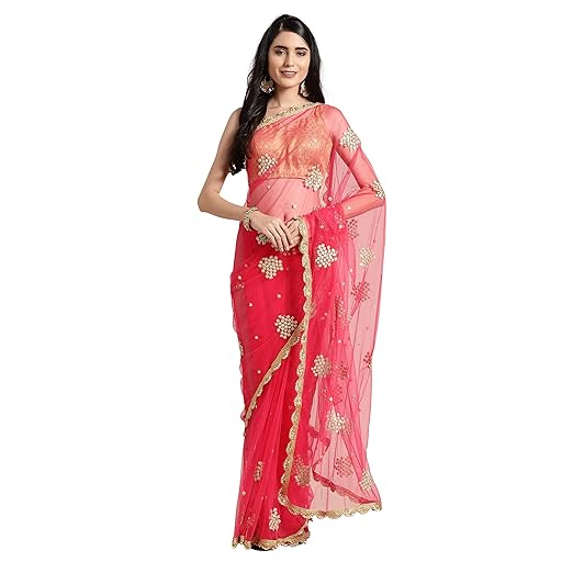 Womanista Womens net with Blouse Piece 7510 Sarees (FS9928_ Pink_ Onesize)