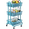 DESIGNA Metal Utility Cart, 3 Tier Mesh Rolling Storage Cart with Handle and Lockable Wheels,Easy Assembly Craft Carts for Kitchen,Bathroom,Office,Turquoise