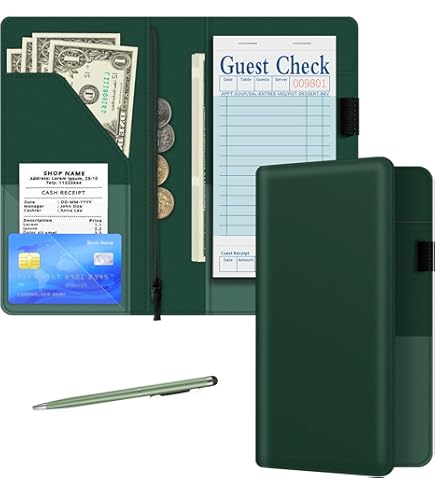 Server Book For Waitress - 5x9 Inch PU Leather Wallet With Zipper Pocket, Organizer For Money, Cards, Checks & Pens