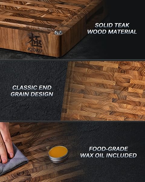 KYOKU END GRAIN WOOD CUTTING BOARD, 20X15 IN. BOARD FOR KITCHEN WITH 3 INGREDIENT HOLDERS & WAX OIL INCLUDED, REVERSIBLE TEAK WOOD CUTTING BOARD BUTCHER BLOCK FOR CHOPPING CUTTING CARVING