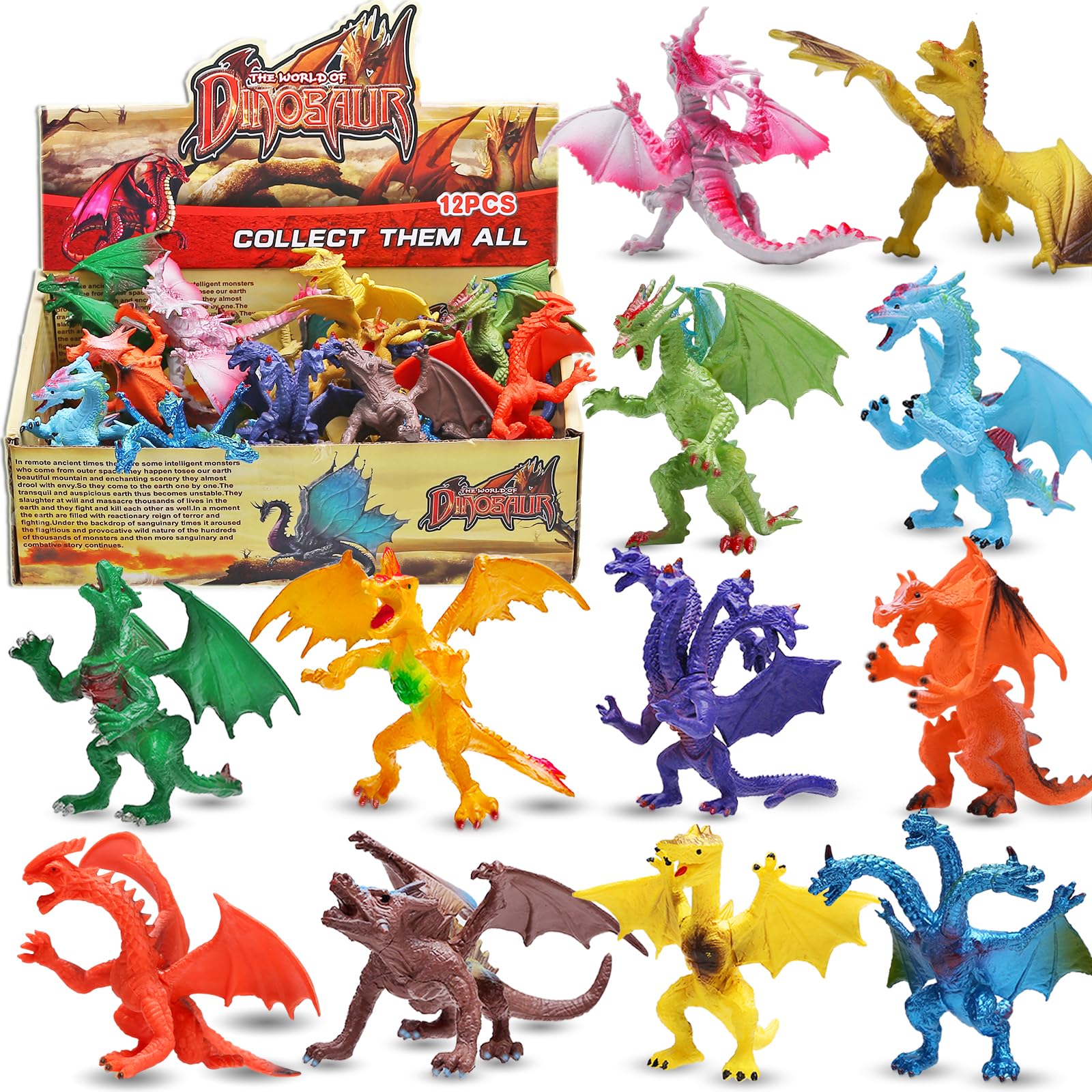 Photo 1 of 4 Inch Realistic Detail Dragon Toy Set with Gift Box, 12 Pcs Mini Dragon Figure in and Styles, Theme Party Favors Toy for Kids, Goody Bag Filler, Bulk Gifts, Cake Toppers