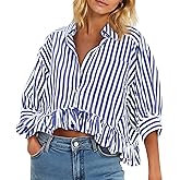Cicy Bell Womens Cropped Striped Button Down Shirts Ruffle 3/4 Length Sleeve Summer Tops Dressy Casual Blouses